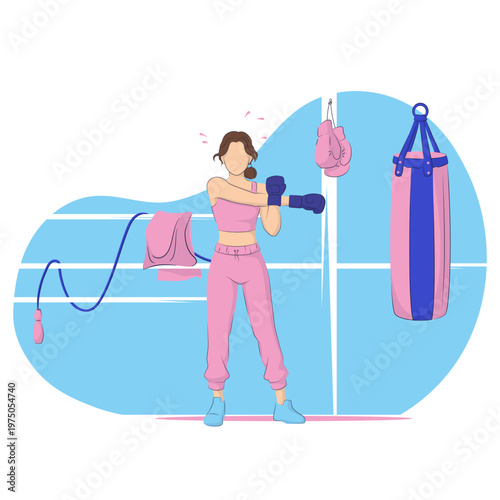 Woman boxing training illustration with punching bag and equipment. Female athlete in sportswear doing workout, flat vector scene for fitness, gym, and active lifestyle concept.
