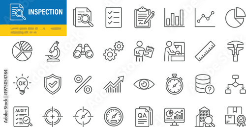 A set of inspection icons in black line style on a with various symbols