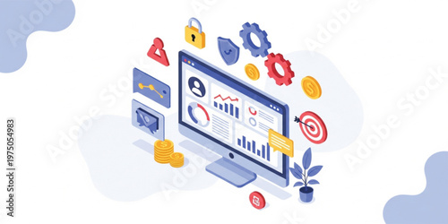 Isometric Business Data Analytics and Management Dashboard Illustration with Financial Charts, Security Icons, Target Marketing, and Growth Strategy Concepts for Web Design