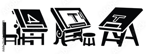 drafting table silhouette illustration icon set, Modern furniture vector designs.
