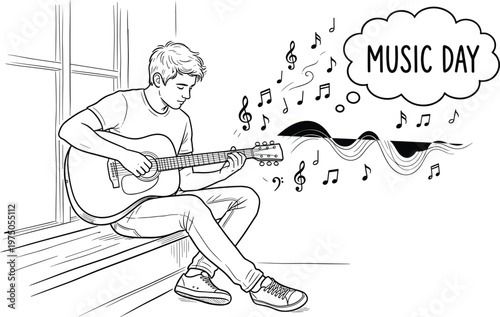 A young boy sitting on a windowsill playing an acoustic guitar on music day with musical notes floating around him