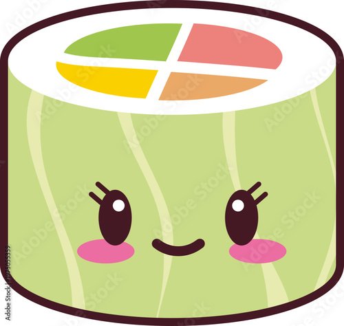 Kawaii sushi roll character with smiling face design