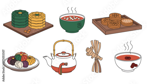 Traditional Korean Food and Tea Set Featuring Songpyeon Rice Cakes Yakgwa Honey Cookies Herbal Tea Pot and Healthy Cuisine for South Korea Culture and Gastronomy Design