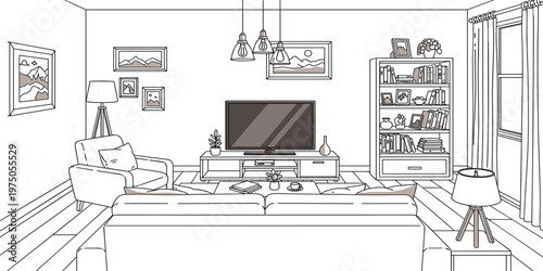 Modern Living Room Interior Line Art Illustration with Sofa, Television, Bookshelf, Floor Lamp, Wall Decor, and Cozy Home Design Concept