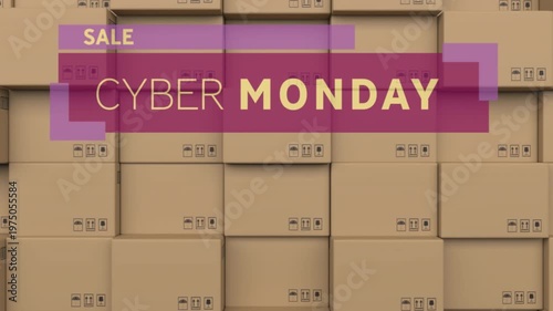 Animation of cyber monday text over stack of cardboard boxes in warehouse