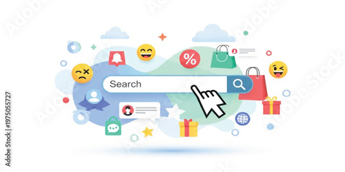 Online Search and E Commerce Concept Illustration with Search Bar, Shopping Icons, Emojis, Discounts, and Digital User Interaction for Web Browsing and Marketing Design