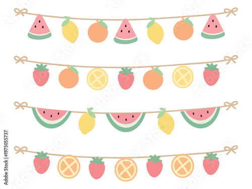 Cute pastel fruit garland set with watermelon, lemon, orange, and strawberry on decorative rope. Perfect for summer party decor, invitations, greeting cards, and playful seasonal designs.
