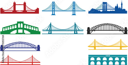 World Famous Landmark Bridges Vector Silhouette Set Featuring Iconic Engineering Structures like Tower Bridge and Golden Gate for Travel, Tourism, and Historical Designs
