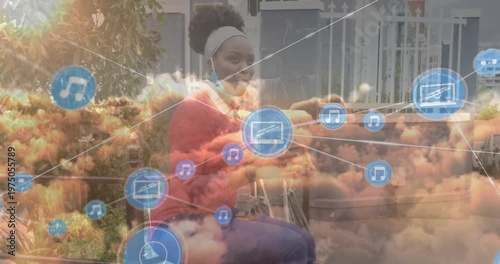 Animation of network of connections over clouds and afrcian american woman with bike