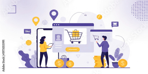 Online Shopping and E Commerce Concept Illustration with Mobile App, Shopping Cart, Digital Payments, Customer Interaction, and Retail Business Design for Modern Marketplace
