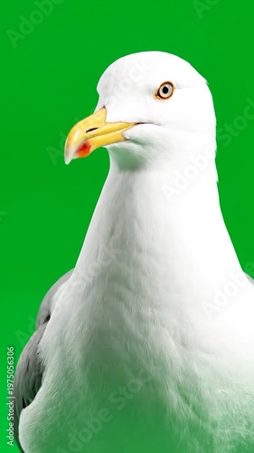 A full body portrait of a white sea bird standing against a solid green background
