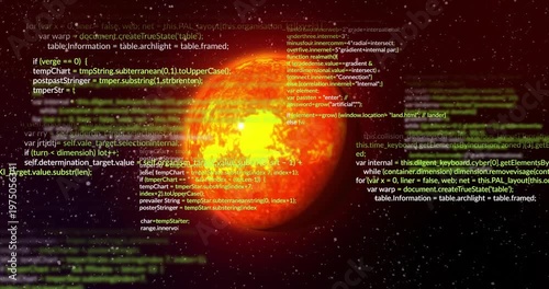 Animation of data text processing data over orange globe in space