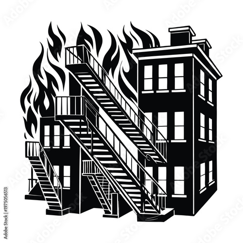 Fire escape, burning building, black and white illustration, vector graphic