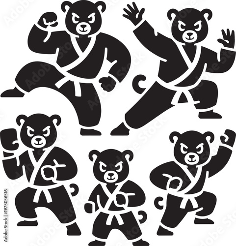 Five cartoon bears in martial arts poses, flat vector illustration for silhouette and kung fu