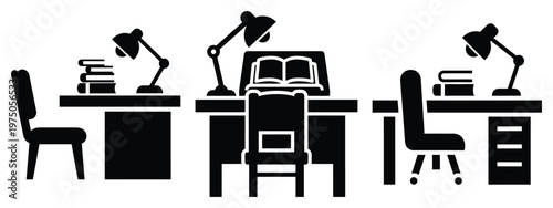 library reading desk silhouette illustration icon set, Modern furniture vector designs.