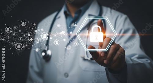 A medical professional touches a digital lock, symbolizing healthcare data security