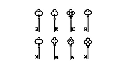 Eight vintage ornate keys, black silhouettes on a white background, representing access and security