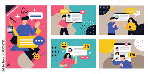 Social Media Communication and User Engagement Illustration Set with Chat Messages, Likes, Comments, Notifications, and Digital Interaction Design Templates for Online Platforms