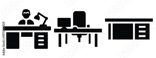 office desk silhouette illustration icon set, Modern furniture vector designs.