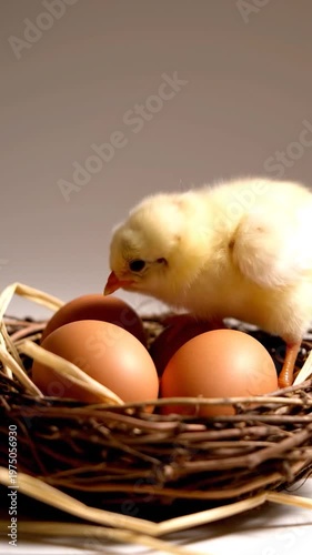A small yellow chick stands inside a woven nest next to several brown eggs