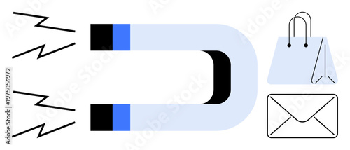 Marketing strategy, customer acquisition, sales growth, digital communication, user engagement, online shopping. A magnet attracting a shopping bag and an envelope. Marketing strategy and customer