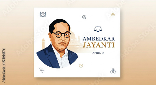 Social media square post design celebrating Ambedkar Jayanti with minimal icons and clean layout