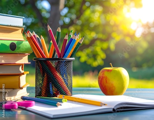 A vibrant back-to-school scene depicts colorful pencils in a metal container, books, an apple, and open notebook on a table