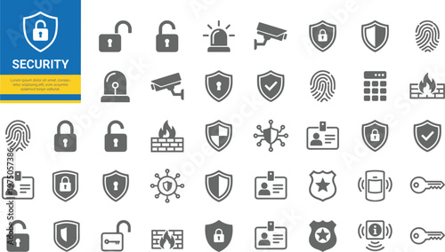 Collection of security icons including locks, shields, and surveillance cameras