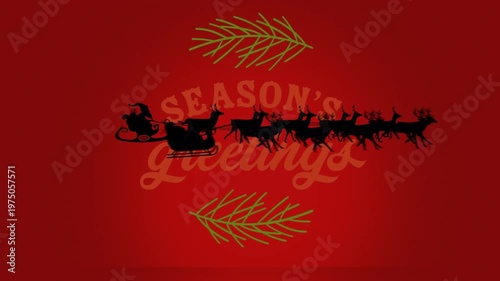 Animation of santa claus in sleigh with reindeer over snow falling on red background