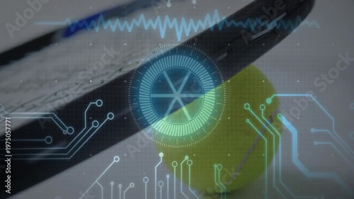 Close-up tennis racket pressing tennis ball showing HUD overlay, waveform and circuit lines