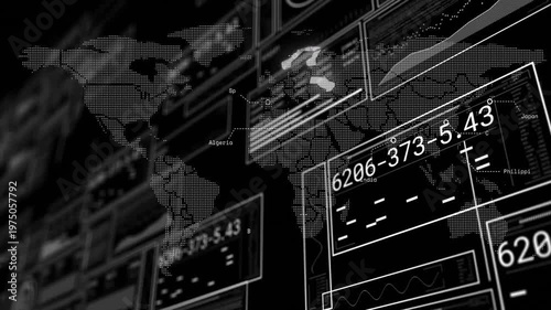 Digital map opening showing South America illuminating, dot markers appearing panels updating data