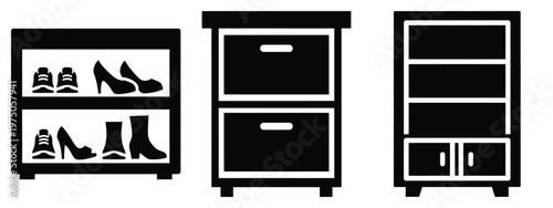 shoe cabinet silhouette illustration icon set, Modern furniture vector designs.