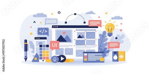 UI UX Design and Web Interface Development Concept Illustration with Wireframes, Coding Elements, Creative Tools, and Digital Product Design Workflow for Modern Applications