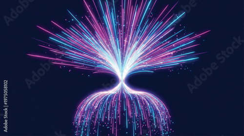 Abstract neon light burst with glowing pink and blue fiber optic lines radiating from central hub on dark background representing data transmission and high speed digital connectivity.