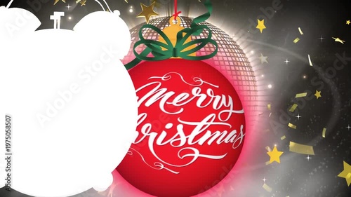 Animation of alarm clock, merry christmas text in red circel, rotating disco ball and falling stars