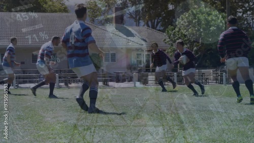 Animation of financial data processing over diverse rugby players and electricity pylon