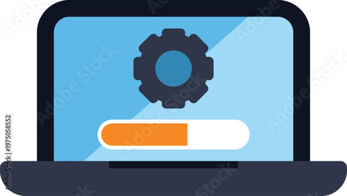 Laptop displaying a gear icon and a loading progress bar, indicating a system update