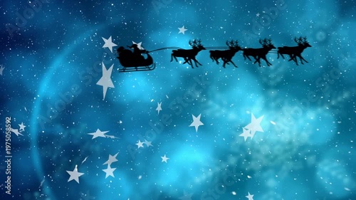 Animation of santa in sleigh over snow falling