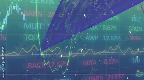 Animation of financial data processing over rain and umbrella