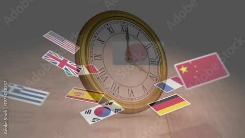 Animation of clock face with national flags floating around in motion