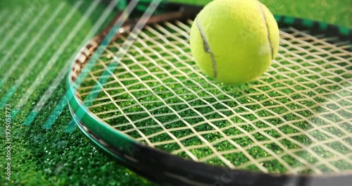 Tennis racket and ball displaying vibrant textures on green artificial grass surface in 3D render