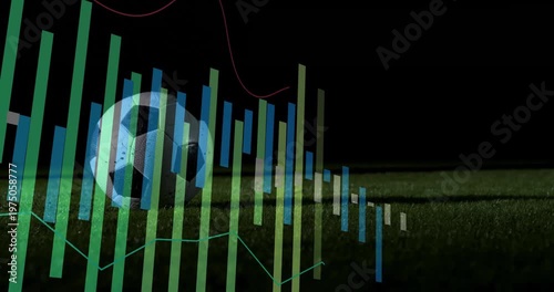 Soccer ball resting on grass field at night, showing green, blue bars, red, teal line graphs