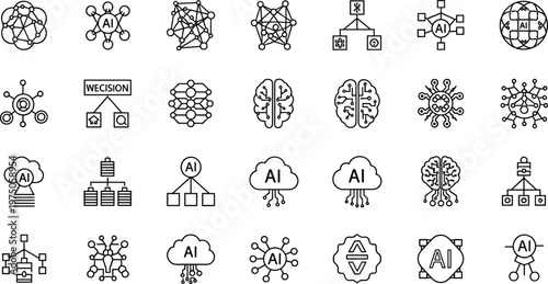 Minimalist AI and machine learning line icon set with neural network digital brain and data processing symbols