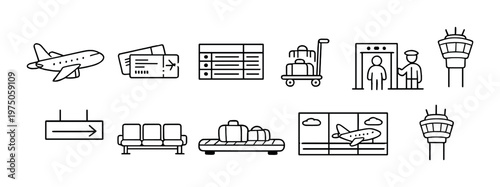 Airport icons showing flight tickets security and boarding areas
