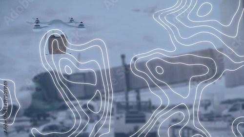 Animation of white lines and digital drone over airport