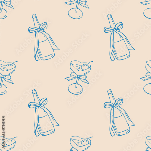 Seamless champagne and cocktail doodle pattern with festive party drinks