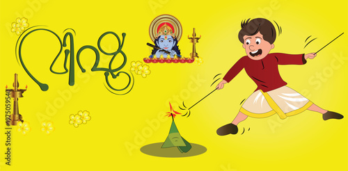 ​Vishu Kerala Malayalam New Year Festival Greeting with Little Boy Bursting Firecrackers and Lord Krishna Idol Vector Illustration