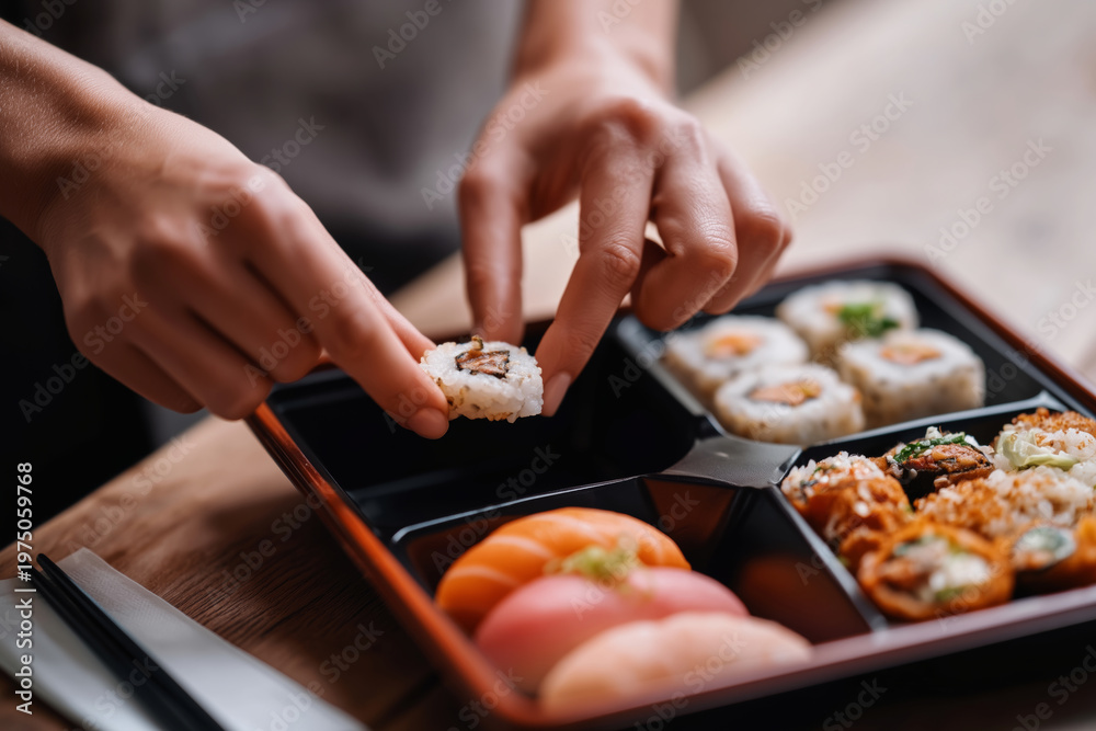 Fototapeta premium Expert hands selecting sushi rolls from a beautifully arranged platter
