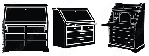 writing bureau silhouette illustration icon set, Modern furniture vector designs.