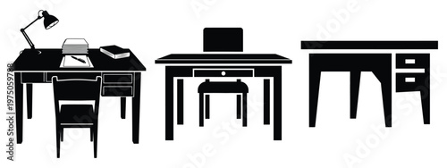 writing desk silhouette illustration icon set, Modern furniture vector designs.